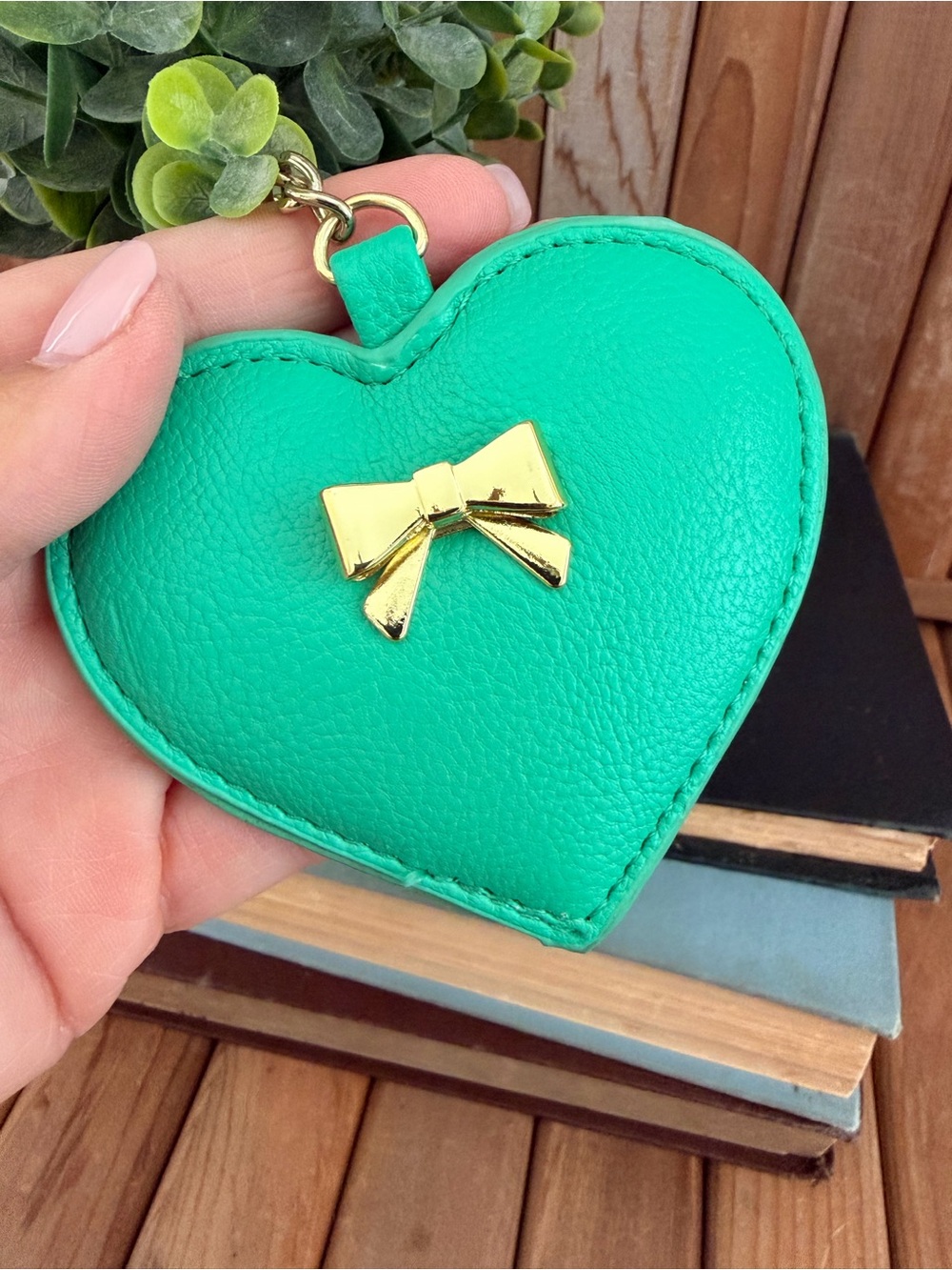 Betsey Johnson Green Heart Keychain with Gold Bow Accent